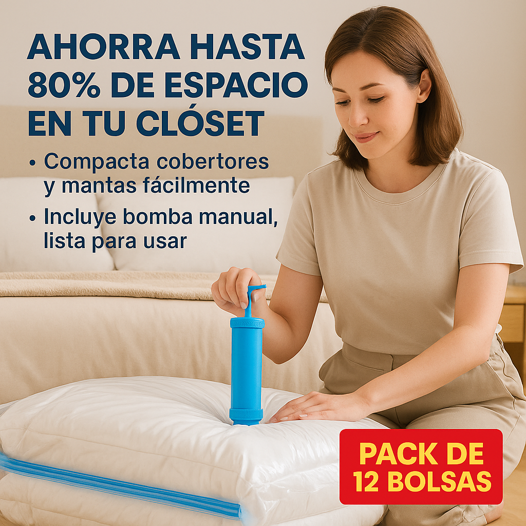 Set de 12 Bolsas al Vacío – Comprime tu ropa fácilmente – Incluye bomba manual de regalo 🎁