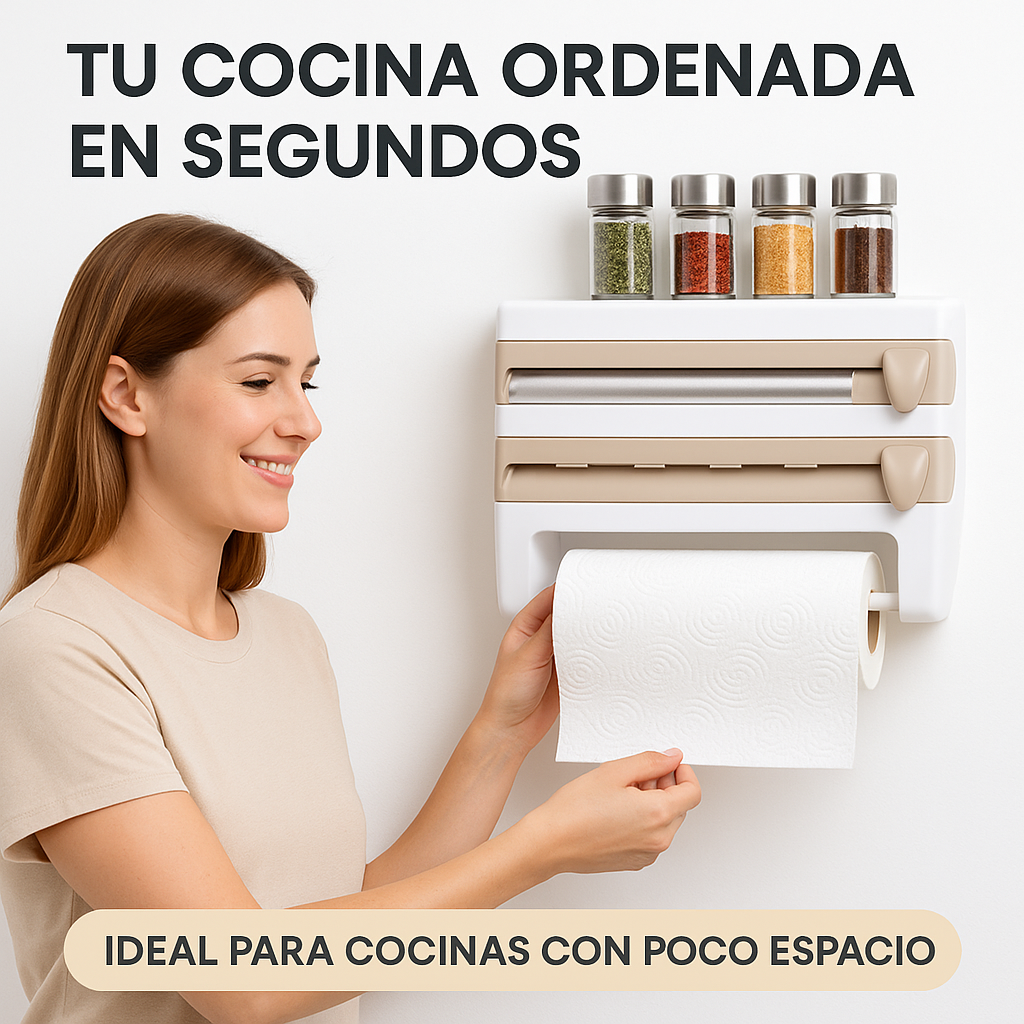 Organizador de Cocina 4 en 1 – Para film, aluminio y toalla nova – Orden total en segundos