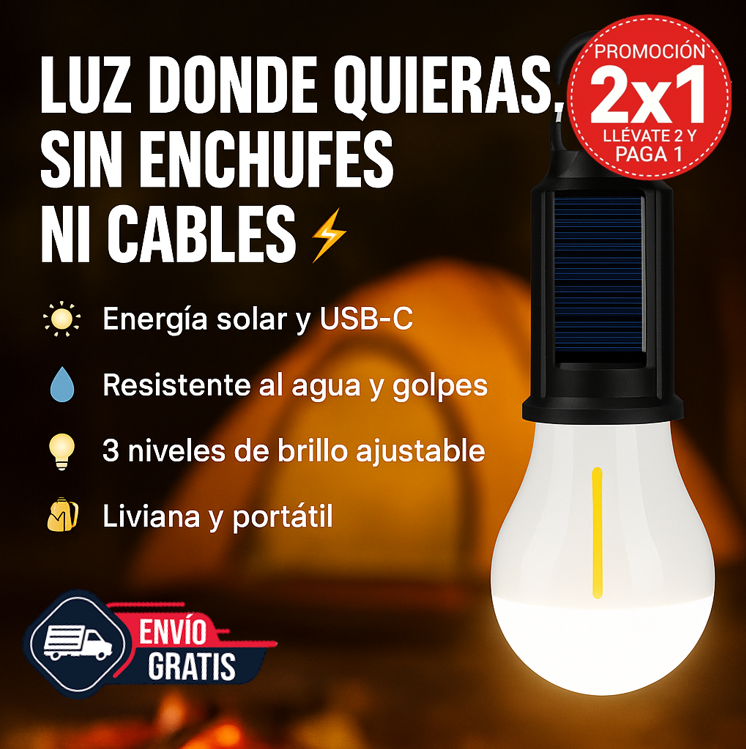 2x1  Ampolleta LED portátil – Doble carga USB y solar – Energía y luz donde no hay enchufes
